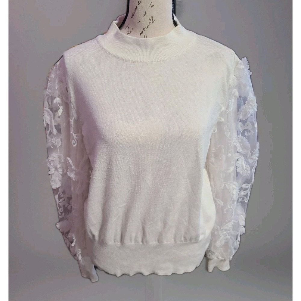 Joseph A White Sheer Floral Lace Sleeve Sweater Top Womens Size Large